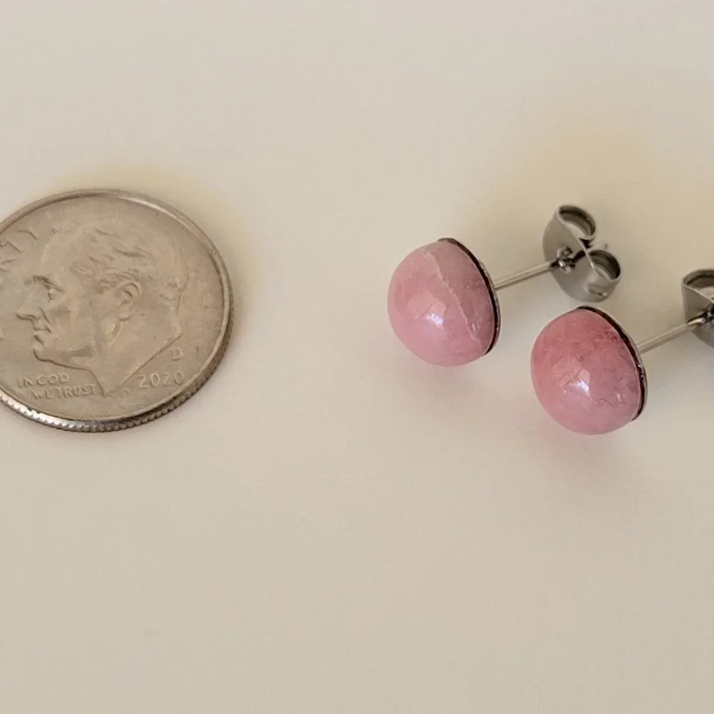 New 8mm Rhodochrosite Stud Earrings on 316L SS Posts Minimalist Natural Mineral - Picture 3 of 3